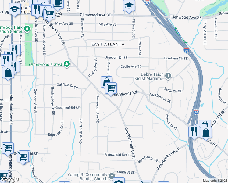 map of restaurants, bars, coffee shops, grocery stores, and more near 1625 Flat Shoals Road Southeast in Atlanta