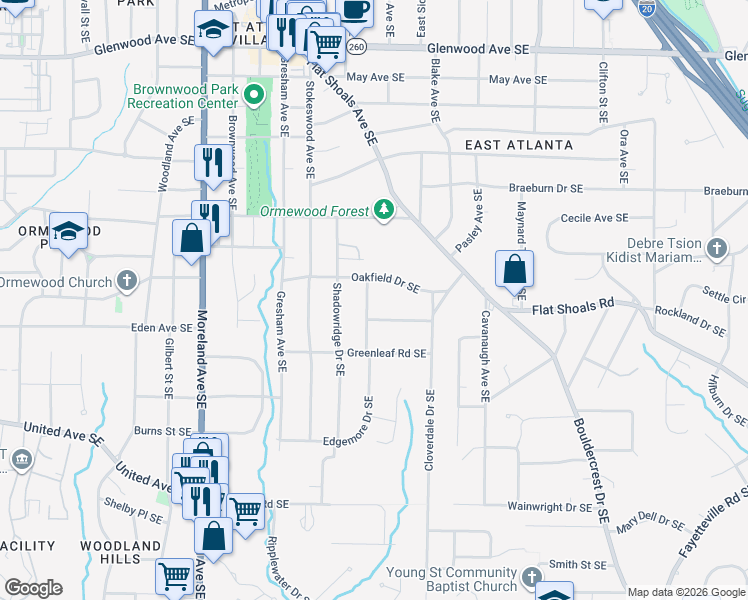 map of restaurants, bars, coffee shops, grocery stores, and more near 2052 Edgemore Drive Southeast in Atlanta
