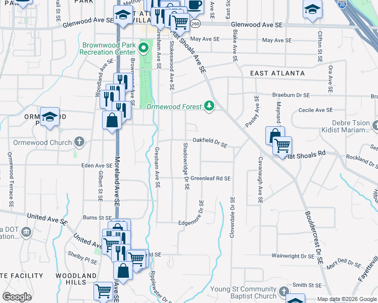 map of restaurants, bars, coffee shops, grocery stores, and more near 842 Shadowridge Drive Southeast in Atlanta