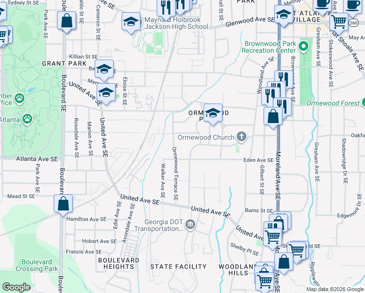 map of restaurants, bars, coffee shops, grocery stores, and more near 896 Eden Avenue Southeast in Atlanta