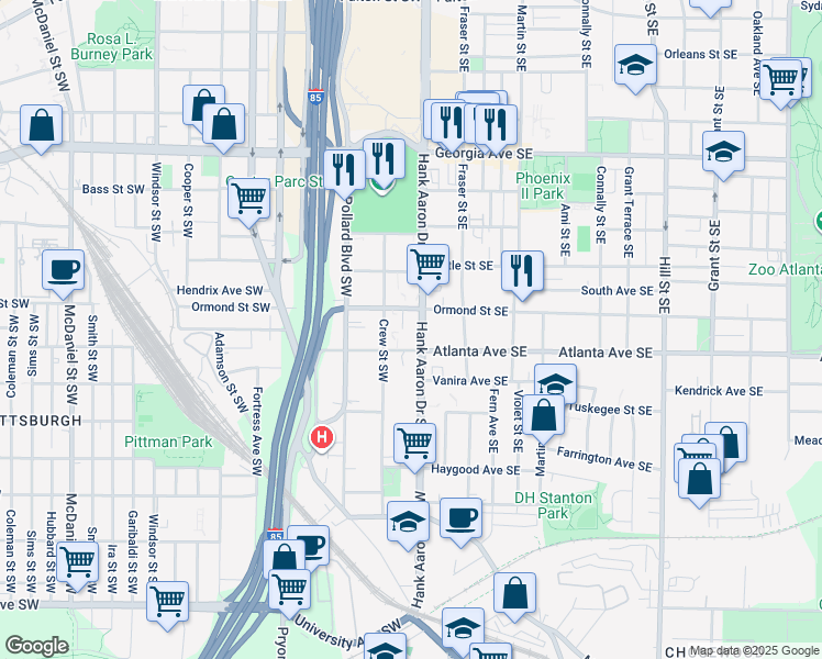 map of restaurants, bars, coffee shops, grocery stores, and more near 898 Crew Street Southwest in Atlanta