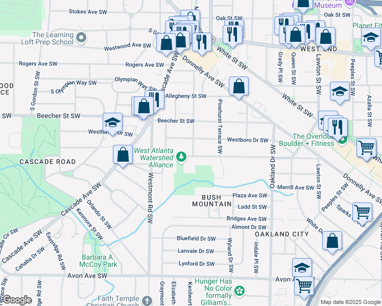 map of restaurants, bars, coffee shops, grocery stores, and more near 1417 Richland Road Southwest in Atlanta