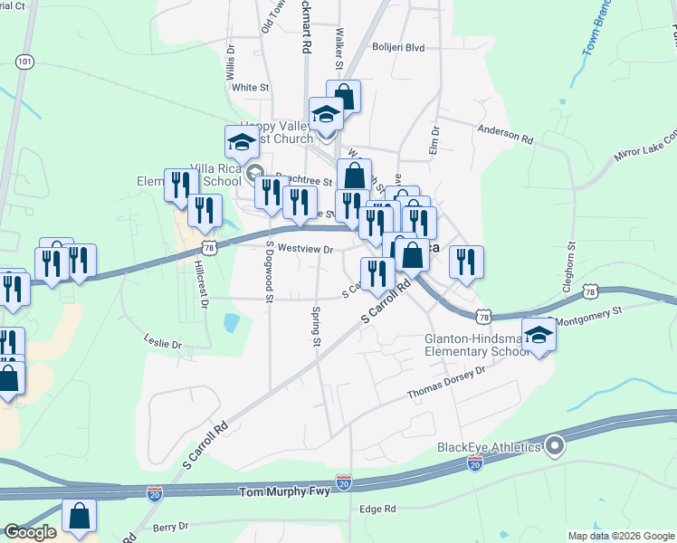 map of restaurants, bars, coffee shops, grocery stores, and more near 119 Village Lane in Villa Rica