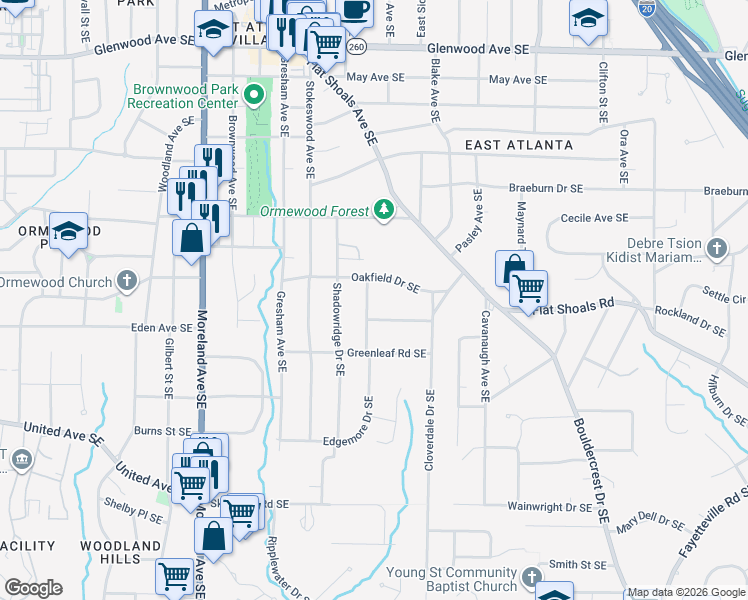map of restaurants, bars, coffee shops, grocery stores, and more near 2052 Edgemore Drive Southeast in Atlanta