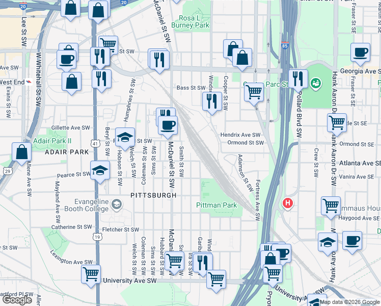 map of restaurants, bars, coffee shops, grocery stores, and more near Ira Street Southwest in Atlanta