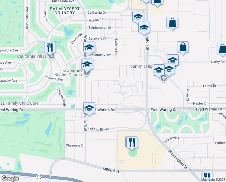 map of restaurants, bars, coffee shops, grocery stores, and more near 43733 Avenue Alicante in Palm Desert