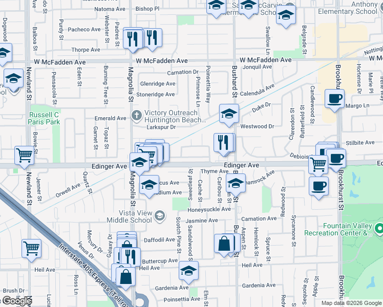 map of restaurants, bars, coffee shops, grocery stores, and more near 9291 Parliament Avenue in Westminster