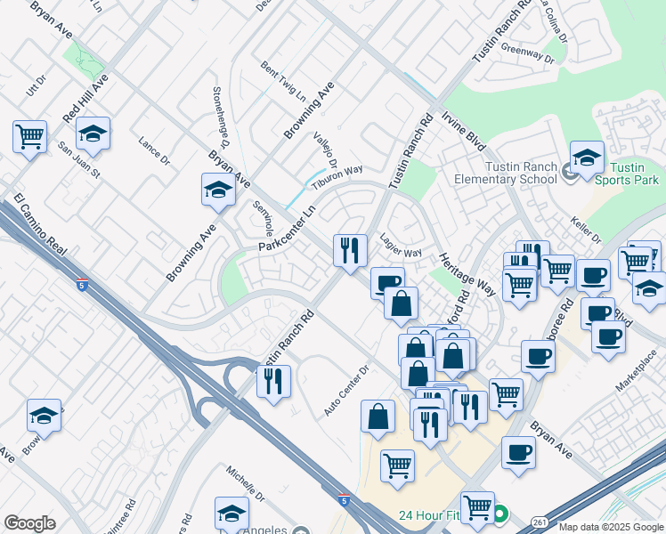map of restaurants, bars, coffee shops, grocery stores, and more near 13512 Pecan Lane in Tustin