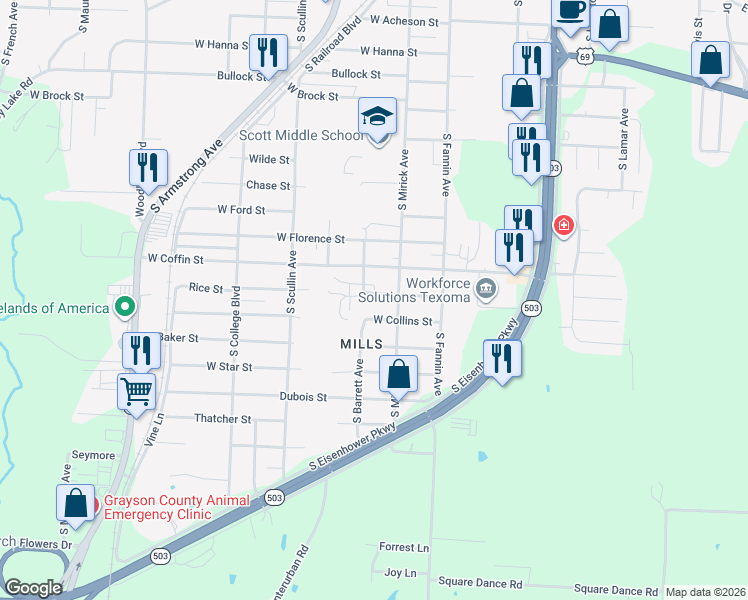 map of restaurants, bars, coffee shops, grocery stores, and more near 616 Rice Street in Denison