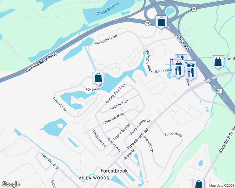 map of restaurants, bars, coffee shops, grocery stores, and more near 4330 Cross Cut Trail in Myrtle Beach
