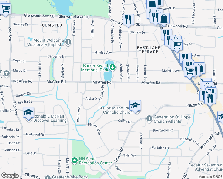 map of restaurants, bars, coffee shops, grocery stores, and more near 2024 McAfee Road in Decatur