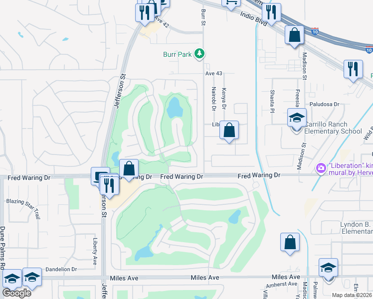 map of restaurants, bars, coffee shops, grocery stores, and more near 80412 Portobello Drive in Indio