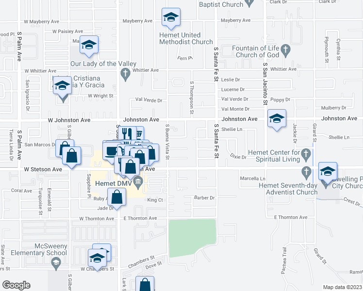 map of restaurants, bars, coffee shops, grocery stores, and more near 610 Montebello Place in Hemet