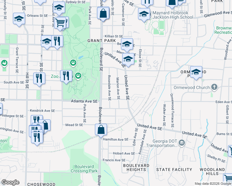 map of restaurants, bars, coffee shops, grocery stores, and more near 654 Atlanta Avenue Southeast in Atlanta