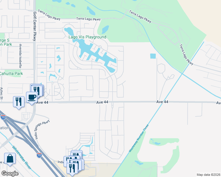 map of restaurants, bars, coffee shops, grocery stores, and more near 43784 Riunione Place in Indio