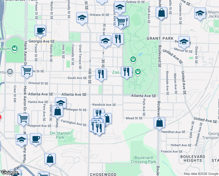 map of restaurants, bars, coffee shops, grocery stores, and more near 382 Atlanta Avenue Southeast in Atlanta