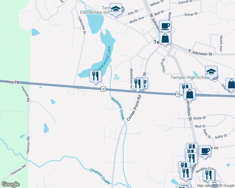 map of restaurants, bars, coffee shops, grocery stores, and more near 249 Dahoon Drive in Temple