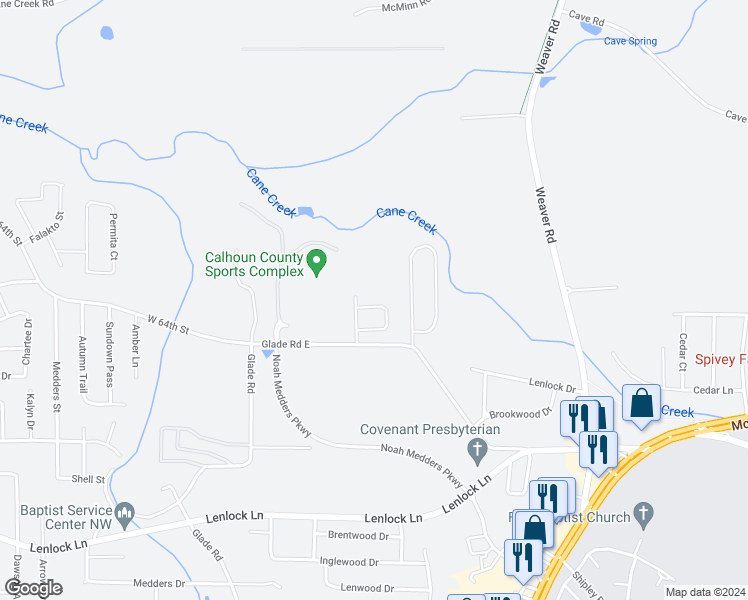 map of restaurants, bars, coffee shops, grocery stores, and more near 915 Willow Pointe in Anniston