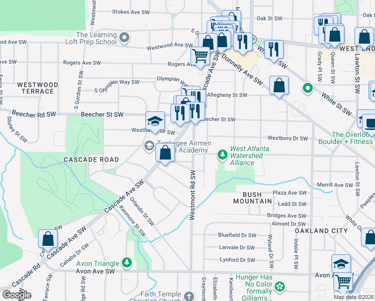map of restaurants, bars, coffee shops, grocery stores, and more near 1533 Montreat Place Southwest in Atlanta