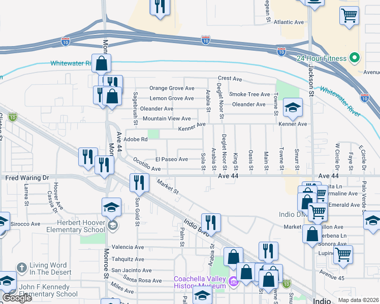map of restaurants, bars, coffee shops, grocery stores, and more near 82399 Junipero Avenue in Indio