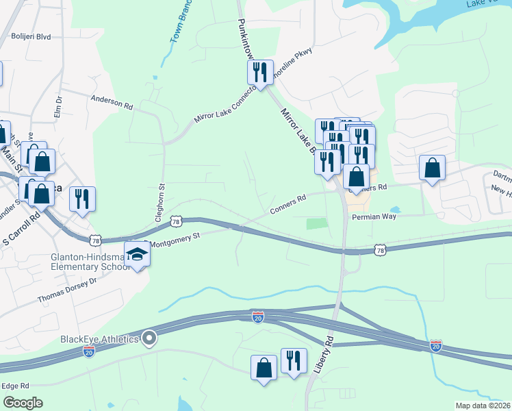 map of restaurants, bars, coffee shops, grocery stores, and more near 40 Conners Road in Villa Rica