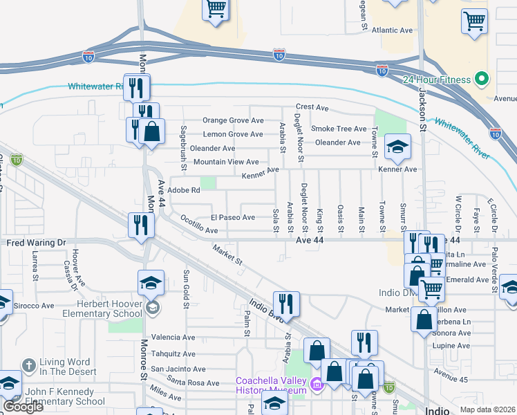 map of restaurants, bars, coffee shops, grocery stores, and more near 82399 Junipero Avenue in Indio