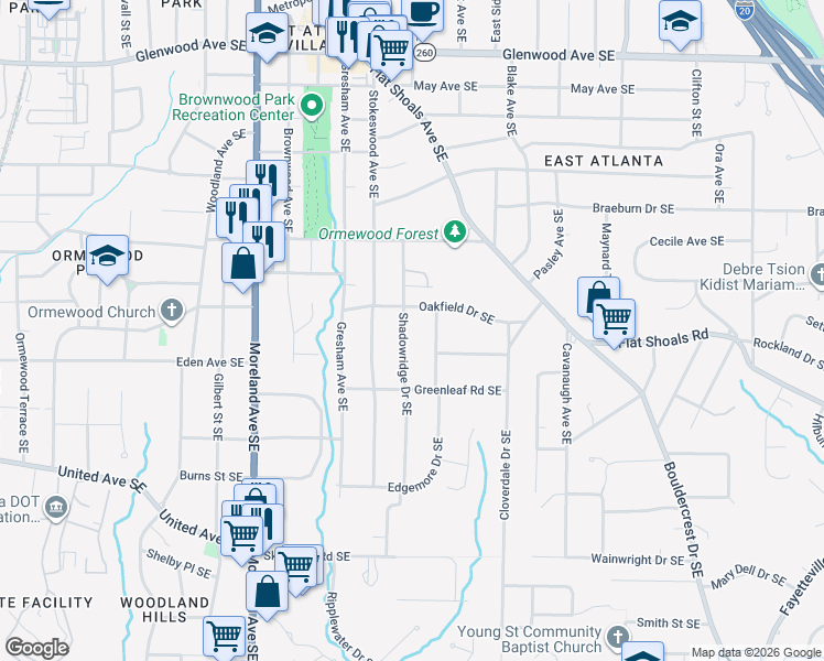 map of restaurants, bars, coffee shops, grocery stores, and more near 842 Shadowridge Drive Southeast in Atlanta