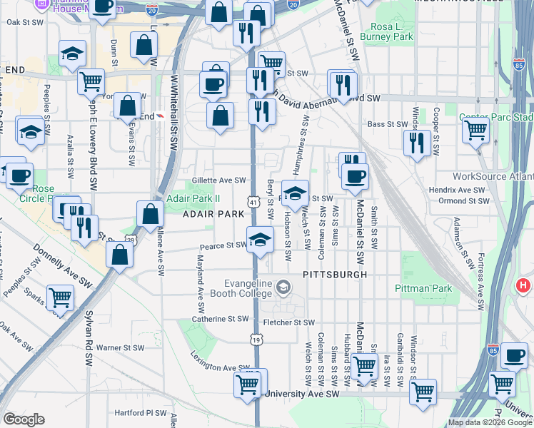 map of restaurants, bars, coffee shops, grocery stores, and more near 878 Metropolitan Parkway Southwest in Atlanta