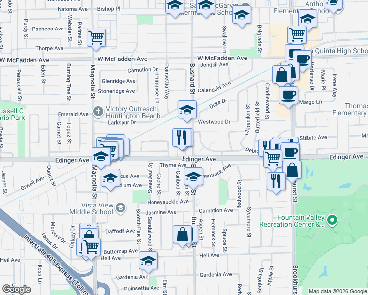 map of restaurants, bars, coffee shops, grocery stores, and more near 9437 Edinger Avenue in Westminster