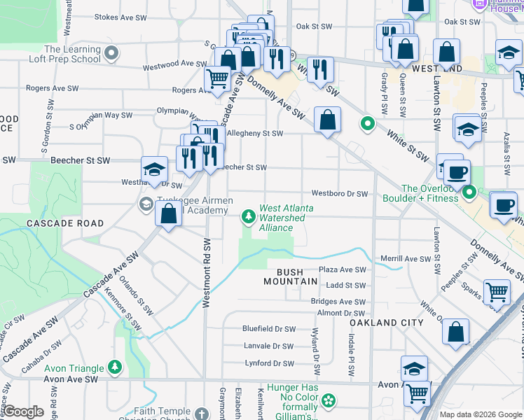 map of restaurants, bars, coffee shops, grocery stores, and more near 1398 Richland Road Southwest in Atlanta