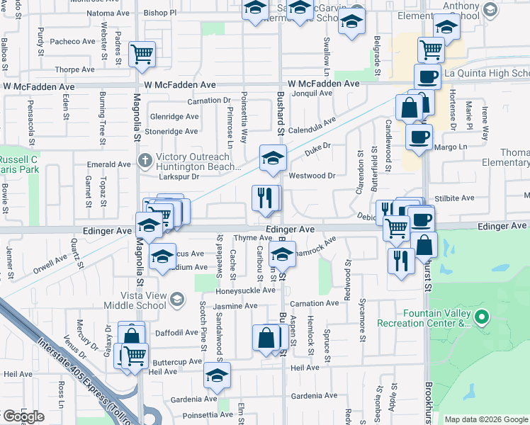 map of restaurants, bars, coffee shops, grocery stores, and more near 9442 Sean Way in Westminster