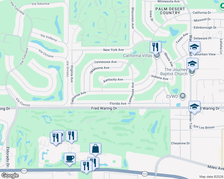 map of restaurants, bars, coffee shops, grocery stores, and more near 76826 California Drive in Palm Desert