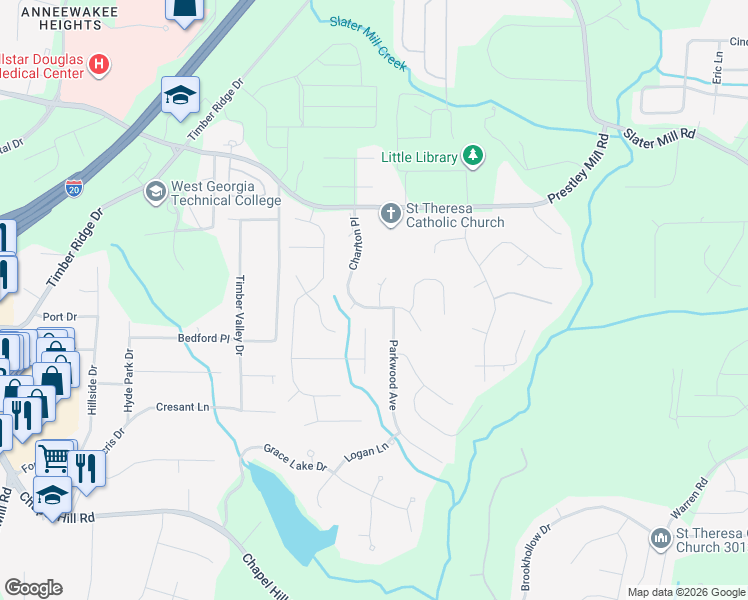 map of restaurants, bars, coffee shops, grocery stores, and more near 9242 Charlton Place in Douglasville