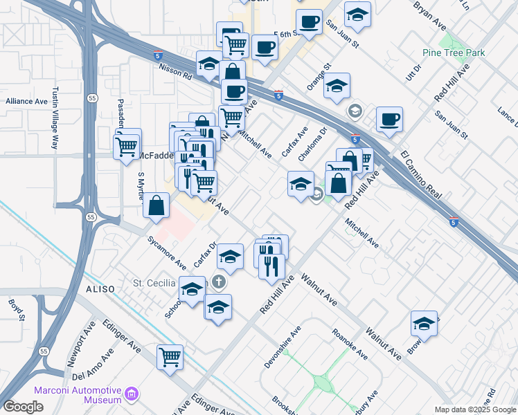 map of restaurants, bars, coffee shops, grocery stores, and more near 14462 Wildeve Lane in Tustin