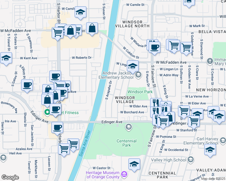 map of restaurants, bars, coffee shops, grocery stores, and more near 1301 South Shawnee Drive in Santa Ana