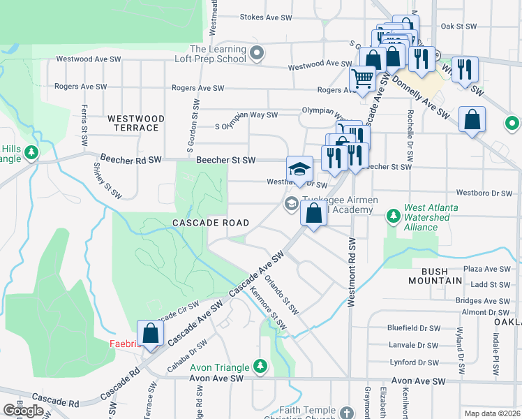 map of restaurants, bars, coffee shops, grocery stores, and more near 1679 Altadena Place Southwest in Atlanta