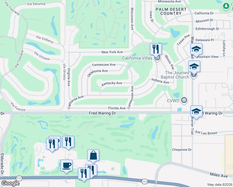 map of restaurants, bars, coffee shops, grocery stores, and more near 76896 California Drive in Palm Desert