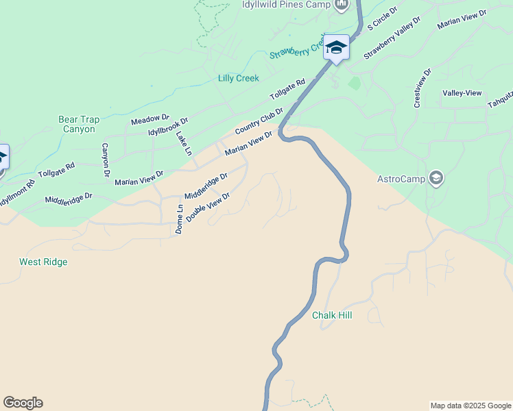 map of restaurants, bars, coffee shops, grocery stores, and more near 53599 West Ridge Road in Idyllwild-Pine Cove
