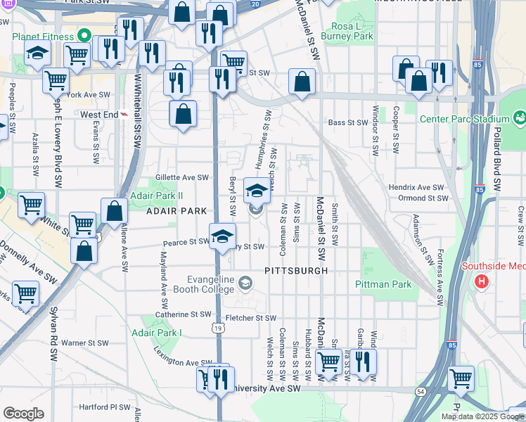 map of restaurants, bars, coffee shops, grocery stores, and more near 896 Welch Street Southwest in Atlanta