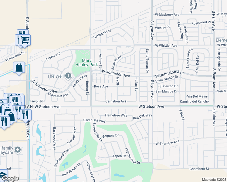 map of restaurants, bars, coffee shops, grocery stores, and more near 1030 Bluebell Way in Hemet