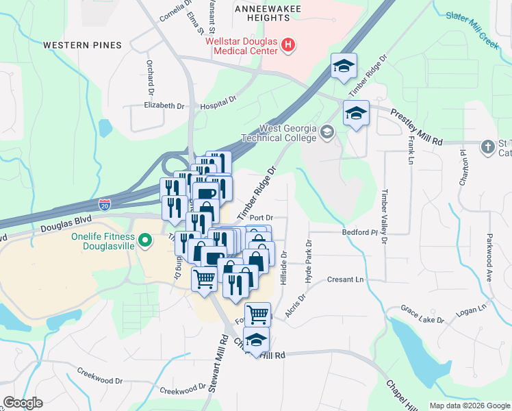 map of restaurants, bars, coffee shops, grocery stores, and more near 4841 Port Drive in Douglasville