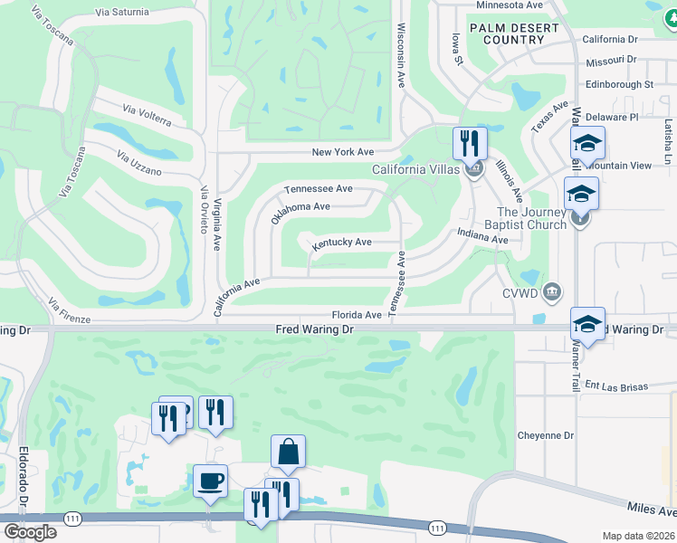 map of restaurants, bars, coffee shops, grocery stores, and more near 76826 California Drive in Palm Desert