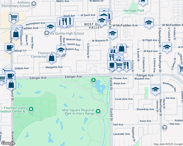 map of restaurants, bars, coffee shops, grocery stores, and more near 10803 Onyx Court in Fountain Valley