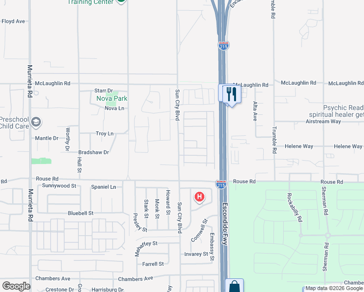 map of restaurants, bars, coffee shops, grocery stores, and more near 26833 Summer Sunshine Drive in Menifee