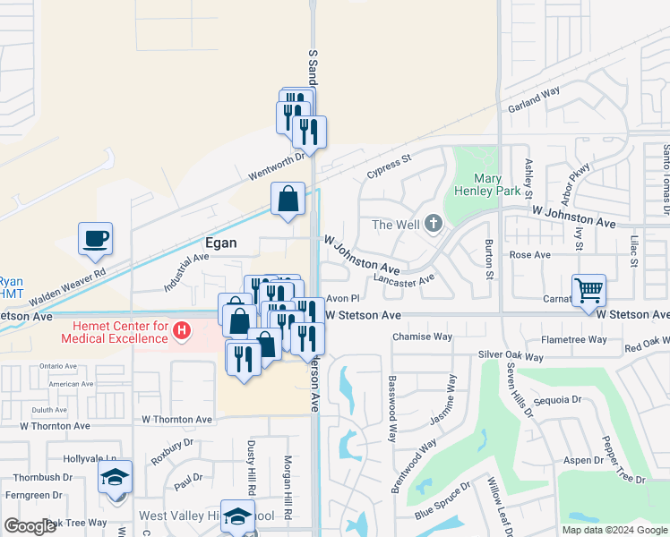 map of restaurants, bars, coffee shops, grocery stores, and more near 3237 Warley Road in Hemet