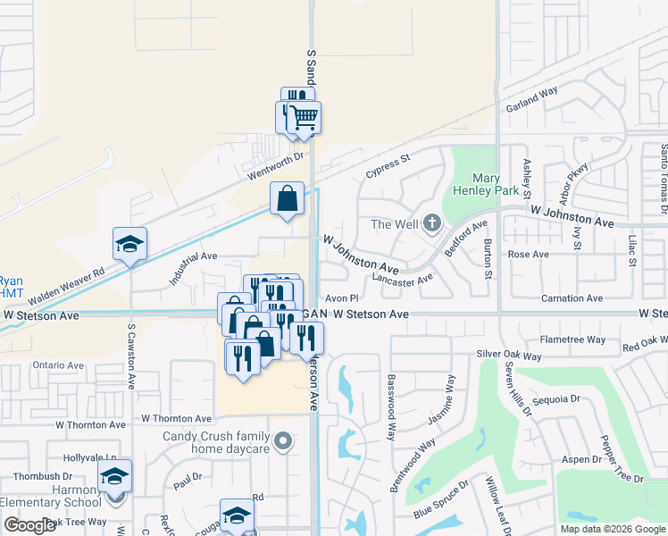 map of restaurants, bars, coffee shops, grocery stores, and more near 3237 Warley Road in Hemet