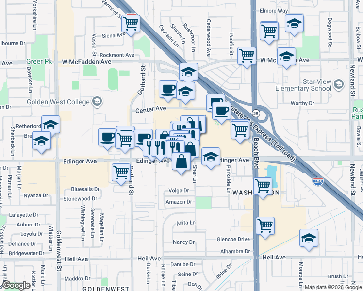 map of restaurants, bars, coffee shops, grocery stores, and more near 7601 Edinger Avenue in Huntington Beach