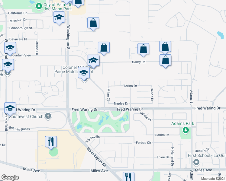 map of restaurants, bars, coffee shops, grocery stores, and more near 78524 San Marino Court in La Quinta