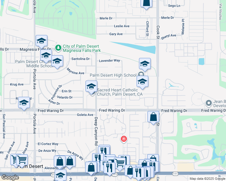 map of restaurants, bars, coffee shops, grocery stores, and more near 90 Clavel Court in Palm Desert