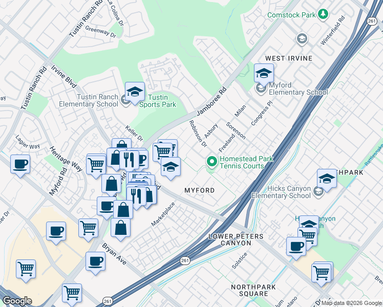 map of restaurants, bars, coffee shops, grocery stores, and more near 4 Asbury in Irvine